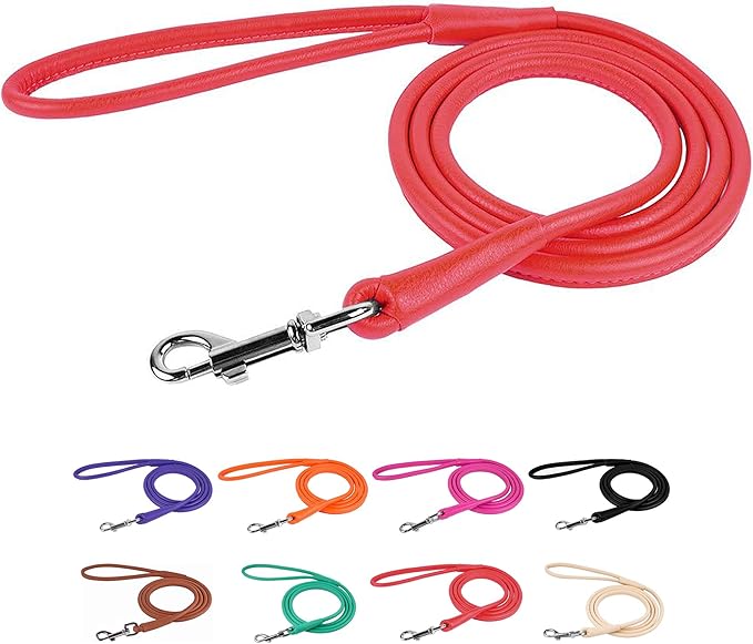 CollarDirect Rolled Leather Dog Leash 4ft, Soft Padded Training Leather Dog Lead 6ft, Puppy Leash Small Medium Large Black Blue Red Orange Green Pink White (Red, Size S 6ft)