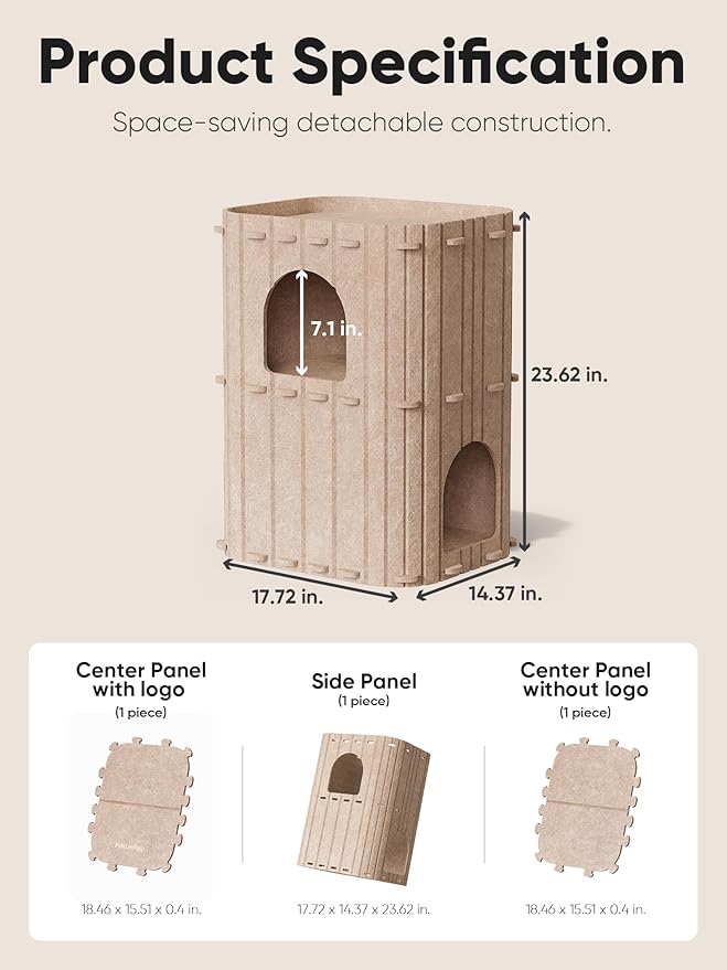 FUKUMARU Cat House for Indoor Cats, 23.62 Inch Large Cat Bed Cave Condo, 2-Storey Cozy Felt Covered Cats Tunnel Kitten Hideaway for Multicats, Scratch Resistant, Beige