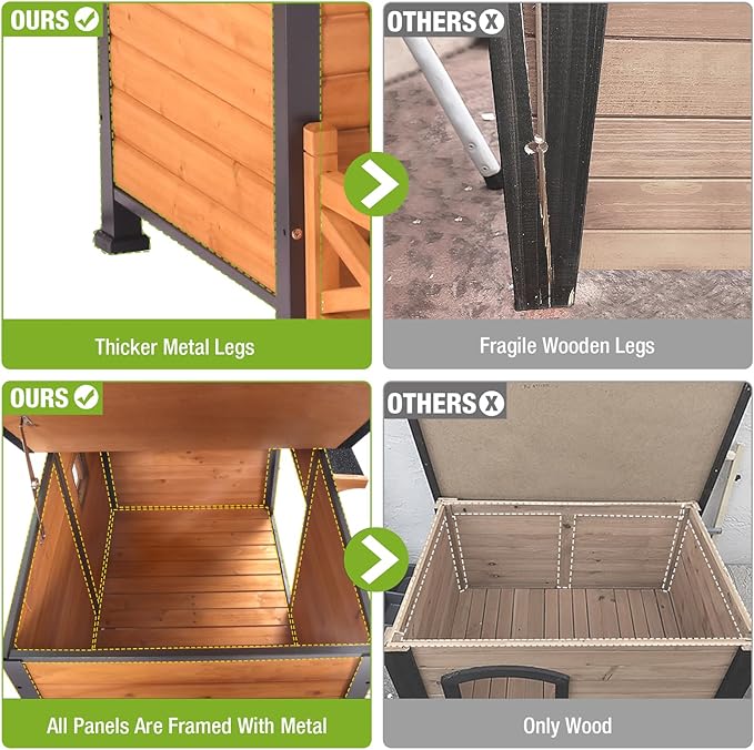 GUTINNEEN Outdoor Wooden Dog House with Metal Frame, Porch and Ventilation Window, Weatherproof Shelter for Small to Medium Dogs, 44.6" L x 41.1" W x 32.9" H (Brown)