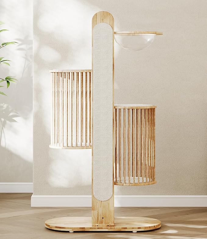 Natural Solid Wooden Cat Tower, 67''Modern Multi-Level Cat Tree Tower, Cat Tower for Indoor with Sisal Scratching Post Luxury Large Cat Furniture，White