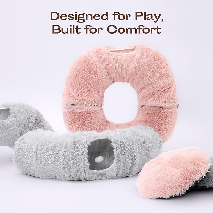 Meowfia Indoor Cat Tunnel with Donut Bed - Large Flexible Play Space for Multiple Pets - Circle or Snake Shape, Cozy Lounge (Grey)