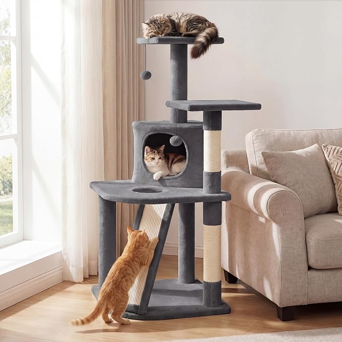 PETSITE 44-inch Multi-Level Cat Tree, Modern Cat Tower with Sisal Scratching Posts, Cozy Condo, Playful Cat Hole, Sisal Covered Ladder, and Dangling Ball, Ideal for Indoor Cats and Kittens (Grey)