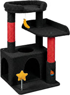 32In Cute Cat Tower for Indoor Cats with Cat Condo, Plush Platform, Hammock, Sisal Scratching Posts, Dangling Ball, Tall Cat Tree Tower with Self-Grooming Brush (Jet Black)