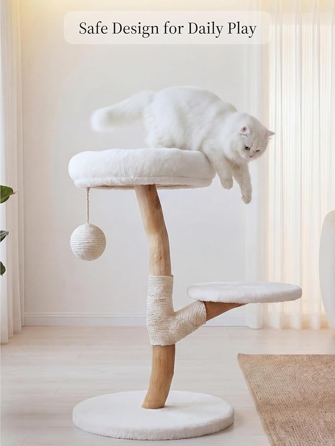 LEO & LEXI Real Wood Modern Cat Tree Tower, Cat Scratching Post with Bed for Small Indoor Cats, Solid Wooden Climbing Tower, Aesthetic Stand, Boho Luxury Pet Furniture
