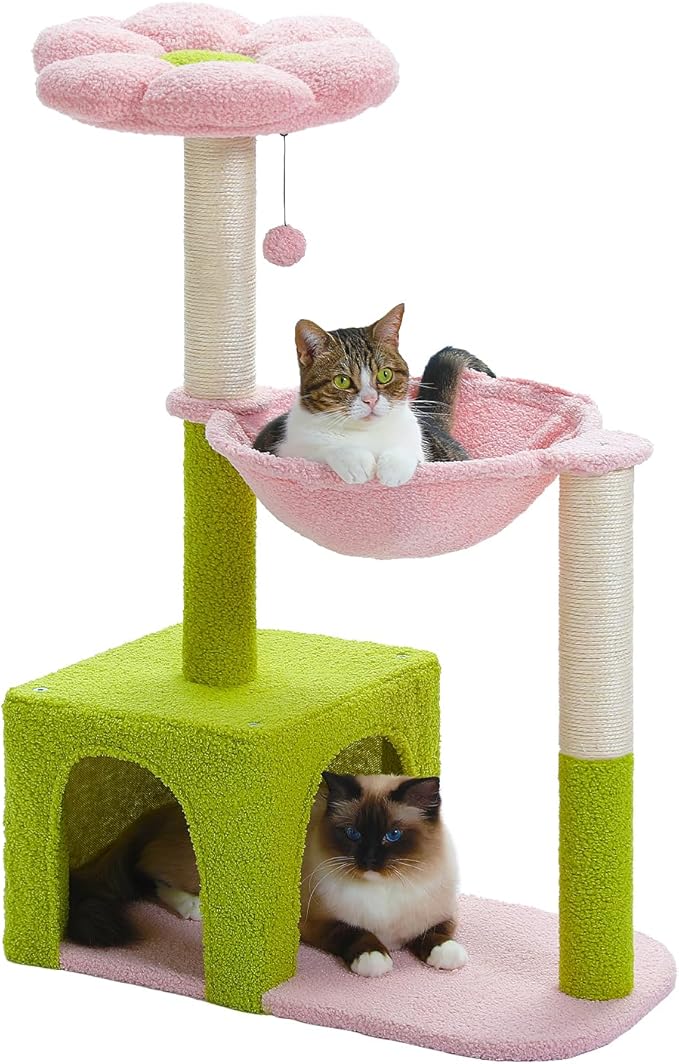 PEQULTI Flower Cat Tree, 36.6" Pink Cat Tower with Sisal Scratching Posts for Indoor Cats, Large Hammock, Condo and Pink Top Perch for Kittens, Fluffy Ball, Blue