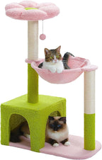 PEQULTI Flower Cat Tree, 36.6" Pink Cat Tower with Sisal Scratching Posts for Indoor Cats, Large Hammock, Condo and Pink Top Perch for Kittens, Fluffy Ball, Blue