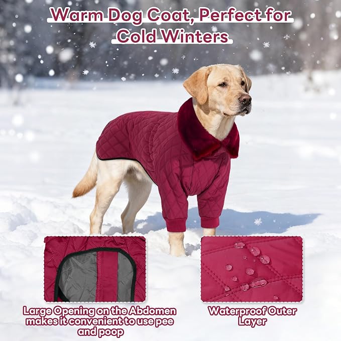 IDOMIK Dog Winter Coat for Large Dogs, Warm Dog Winter Jacket with Fleece High Collar, Zippered Cold Weather Coats for Dogs, Waterproof Doggy Snow Jacket Clothes,WineRed,3XL