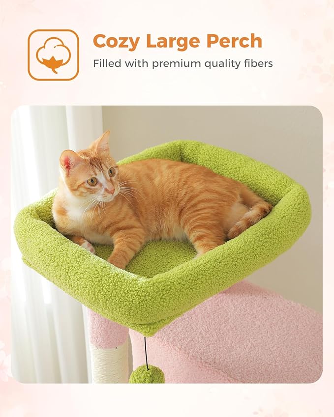 Pink 71" Tall Cat Tree for Large Cat 20 lbs with Super Large Hammock, Heavy Duty Cat Tower with 4 Sisal Scratching Posts & 2 Spacious Condos for Big Adult Cats Maine Coon -Green