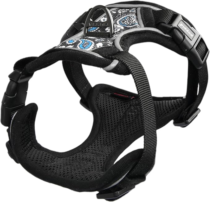 Puppia Cynthia Dog Harness H Sturdy Adjustable Neck and Chest Reflective Flower Pattern Front and Back D-Ring for Small and Medium Dogs, Black, Small