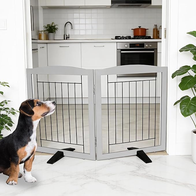 Dog Fence Indoor,Dog Gate Indoor for Doorway pet gate -2-Panel Freestanding, Hallways, House or Stairs -40x24-Inch Retractable Foldable Expandable Wood Pet by SFJC (Grey) ﻿