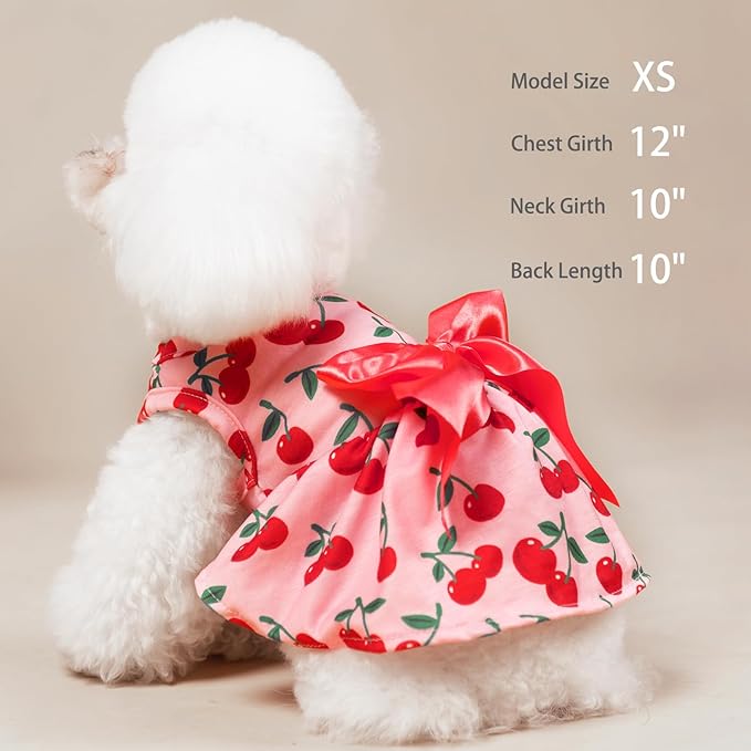 PUPTECK Print Dog Dress Pet Apparel with Cute Bowtie Puppy Clothes Outfit, Cherry, S
