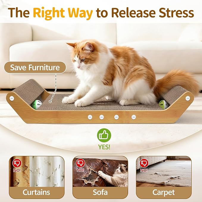 Modern Cat Scratcher Pad Cardboard for Indoor, 23.8" Scratching Lounger Board with Ball Track for Kittens & Large Cats, 3 in 1 Floor Horizontal Bed for Furniture Protection
