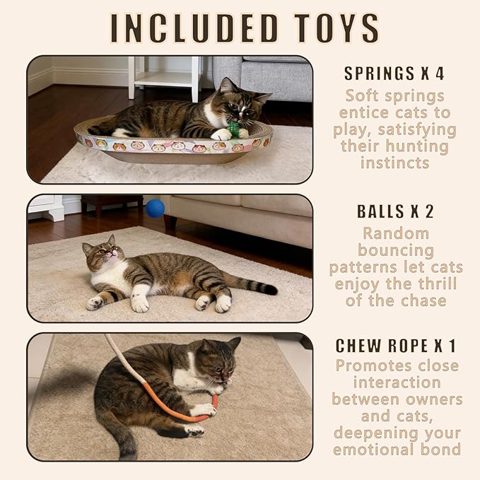 2PCS Cat Cardboard Scratcher with Toys, Oval 16.7" x 12.8" Kitty Scratching Board for Indoor Kitten Play Scratch Bed Sofa Furniture Protector