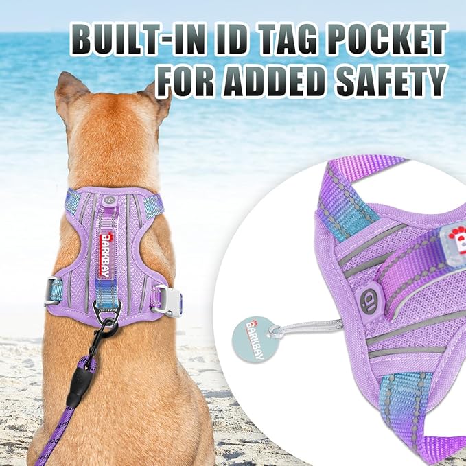 BARKBAY No Pull Dog Harness Large Reflective Dog Harness with Front Clip and Easy Control Handle for Walking Training Running with ID tag Pocket(Lavender Sky,S)