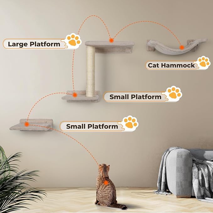 Cat Wall Shelves - 5 Pcs Wall-Mounted Cat Shelves for Wall, Including 2 Steps, 1 Perches, 1 Hammock, 1 Sisal Scratcher Post, DIY Playground for Large Cats
