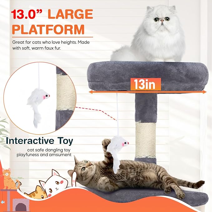 ‌Dopinmin 36" Winter Cat Tree - Plush Multi-Level Indoor Cat Tower with Sisal Scratching Posts & Ramp Plush Condo for Kittens,Light Gray