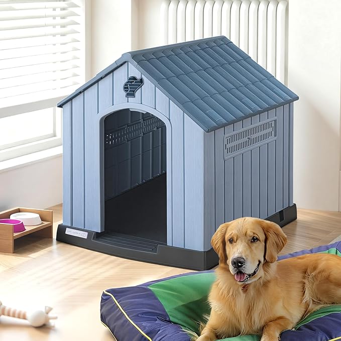 PUKAMI Large Dog House Outdoor Indoor, Plastic Dog House Weatherproof for Large Dogs, Sturdy Puppy Shelter with Air Vents and Elevated Floor, Easy Clean and Assemble (Blue, 37.2" D x 40" W x 40" H)