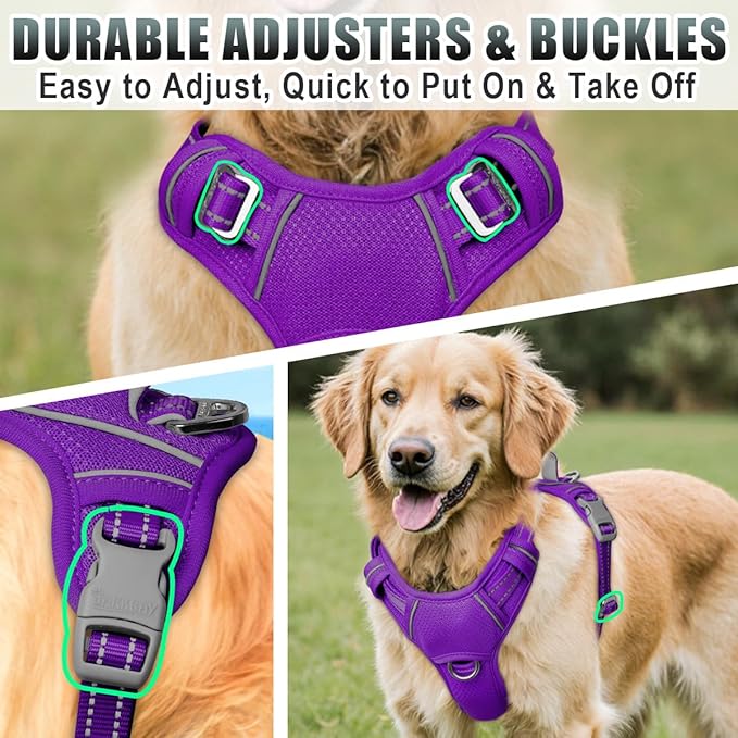 BARKBAY No Pull Dog Harness Large Reflective Dog Harness with Front Clip and Easy Control Handle for Walking Training Running with ID tag Pocket(Purple,L)
