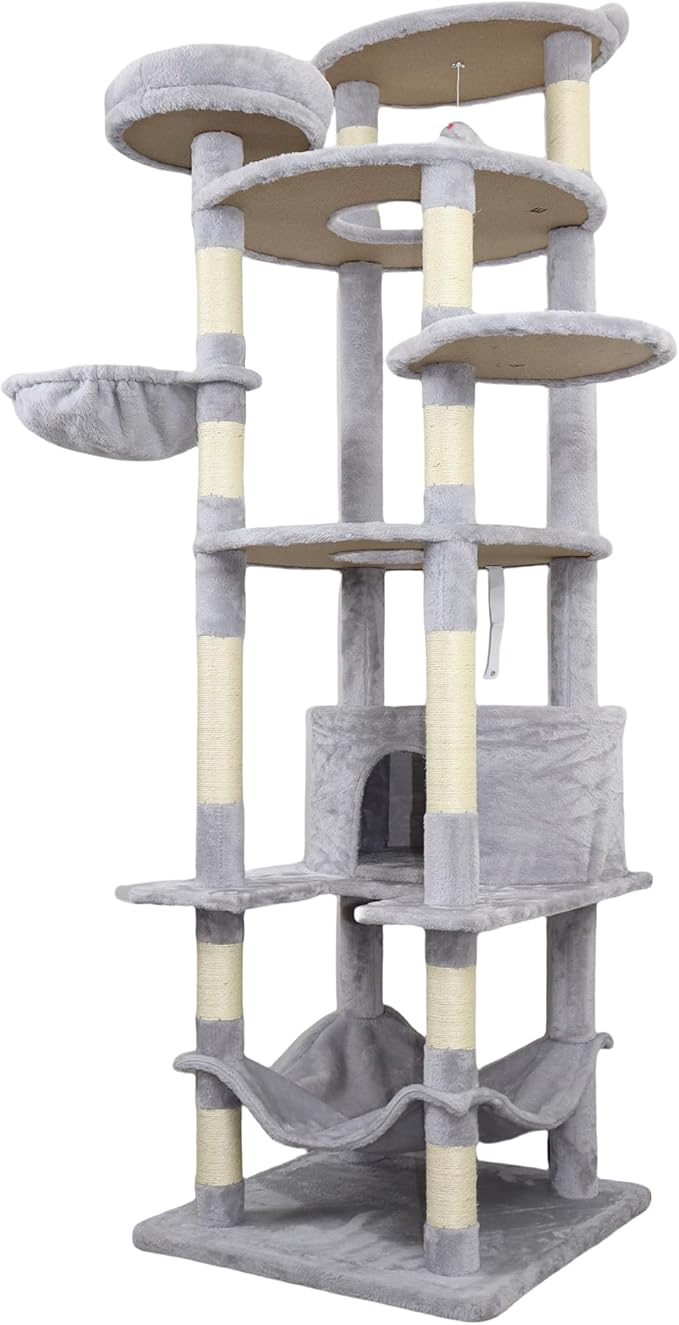 Adorable Flower Cat Tree Tower – Multi-Level Cat House with Cozy Condo, Scrat Ching Posts, Hammock & Play Perch for Indoor Cats, Large Top Perch, Hammock, Tall Pet Climbing Stand (Light Gray 78”)