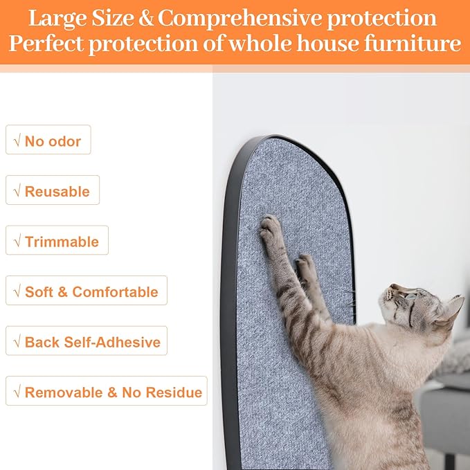 Cat Scratching Mat, Trimmable DIY Self-Adhesive Anti Scratch Furniture Protector, Climbing Wall Carpet, Couch Protector, Scratcher Scratching Pad Post Replacement (Light Grey, 78.7"x15.8")