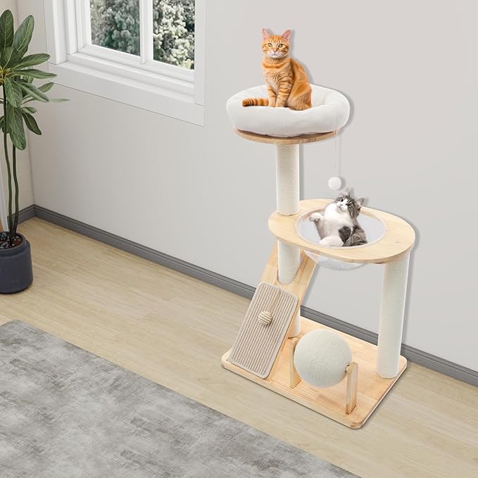 Wooden Cat Tree with Cuddle Bed and Scratching Posts, Multi-Level Cat Tower with Ramp and Ball, Compact Cat Furniture for Indoor Cats, Rubberwood Sisal Cat Climber for Small Spaces ﻿ (Style 2)