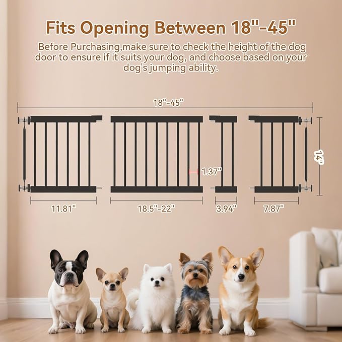 Short Dog Gate,18"-45" Adjustable Extra Wide Metal Short Dog Gate to Step Over, 13" Tall Small Pet Gate with 3 Extension Kits