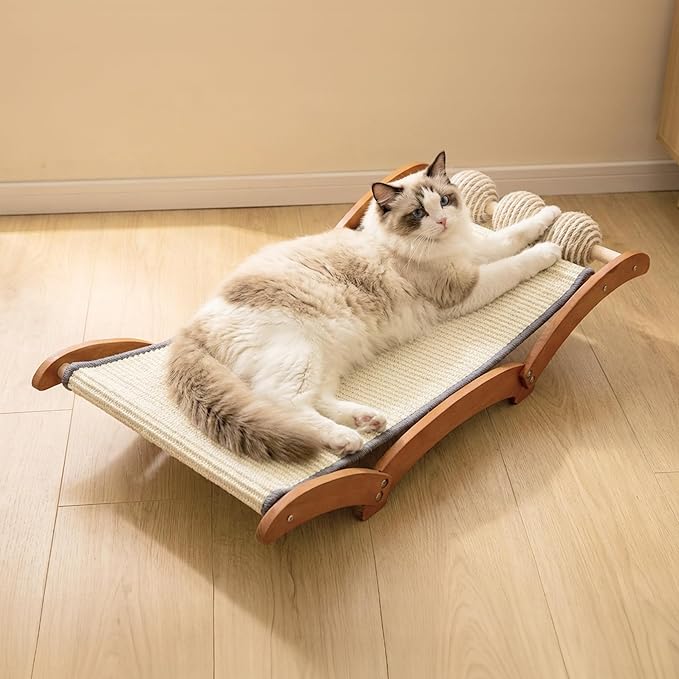 3-in-1 Extra-Large Cat Scratcher Bed with 3 Interactive Sisal Balls, Solid Wood Scratching Post Lounge with Toy, Sturdy Hammock for Large Cats to Sleep, Scratch & Play