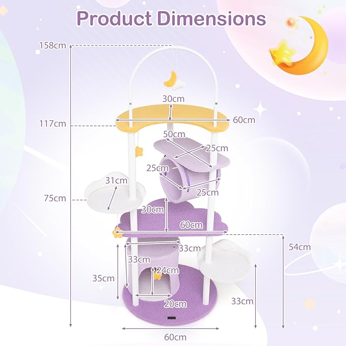 PETSITE 62 inch Moon and Star-Themed Cat Tree, Modern Multi-Level Cat Tower with Moon-Shaped Top Perch, Star-Shaped Hanging Toys, Barrel-Shaped Hammock, and Cat Condo, Cute Cat Tree for Indoor Cats