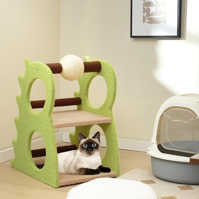 Tangkula Cute Cat Tree, Dinosaur-Shaped Cat Tower with Rotatable Sisal Scratching Ball, Soft Plush Fabric, Cat Climbing Stand, 2-Tier Modern Cat Tree for Small Indoor Cats (Green)