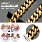 Dog Chain Collar 18K Gold High Polished Stainless Steel Cuban Link Strong Heavy Duty Chew Proof Walking Training Chain Leash Collar for Small Dogs(15mm, 12")