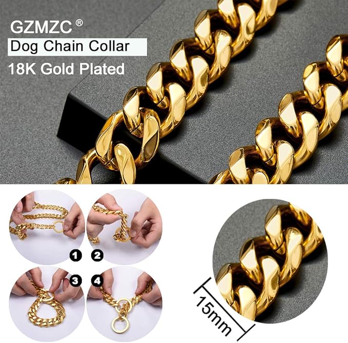 Dog Chain Collar 18K Gold High Polished Stainless Steel Cuban Link Strong Heavy Duty Chew Proof Walking Training Chain Leash Collar for Small Dogs(15mm, 12")
