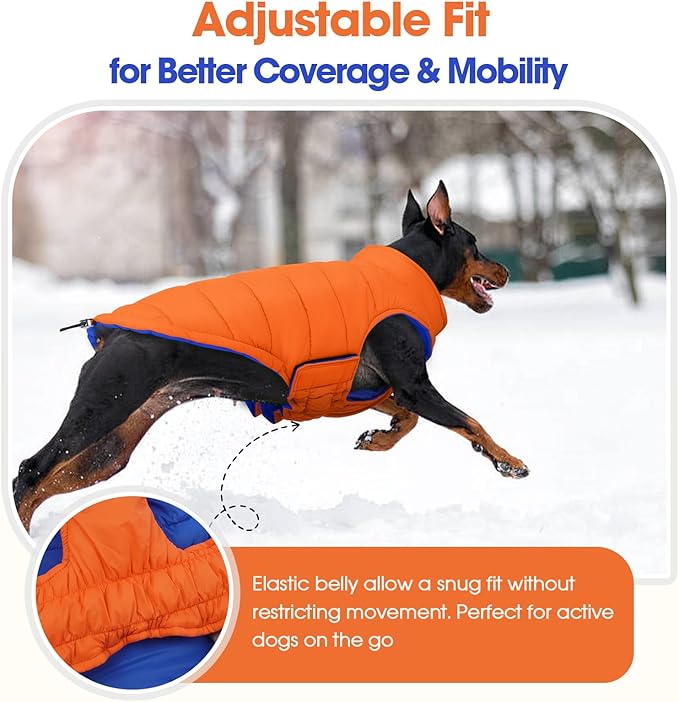 QBLEEV Reversible Dog Jacket for Large Dogs, Waterproof Windproof Winter Coat with Adjustable Hook & Loop Design, Lightweight Puffer Vest Keeps Dogs Warm & Dry, Orange, XL – Fits Pitbull, Boxer