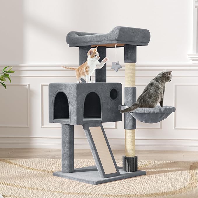 Magshion 36" Tower for Indoor Pets, Compact Multi-Level Condo with Scratching Posts, Top Perch, Side Basket & Dangling Ball, Climbing Furniture for Kittens & Seniors, Light Grey