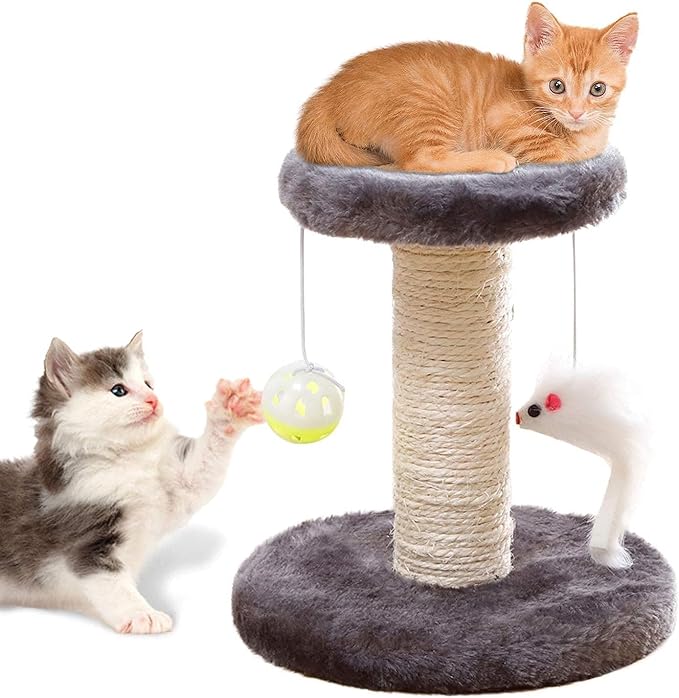Small Cat Scratching Post and Small Cat Tree Natural Sisal Tower with Round Perch and Plush Ball Furniture Made for Small Cat, Kitten Relax Tree -Grey