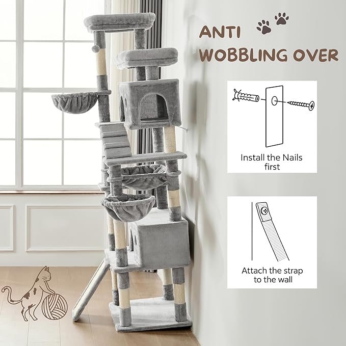 80 Inch Cat Tree, Large Cat Tower with 9 Scratching Posts, 2 Perches, 2 Caves, 2 Basket, 2 Stairs, Extra Large Hammock, Multi-Level Plush Cat Condo for Indoor Cats/Light Grey
