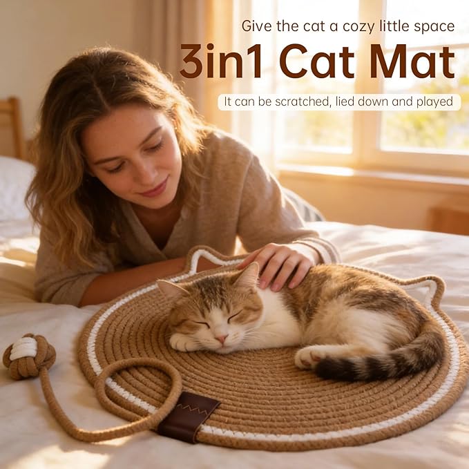 Cat Scratcher Mat, Natural Cotton Rope Cat Scratch Pad, 16.54'' Round Horizontal Floor Cat Scratching Pads for Indoor Cats, Cat Furniture Protector for Wall, Couch, Carpets, Sofas (White, Large)