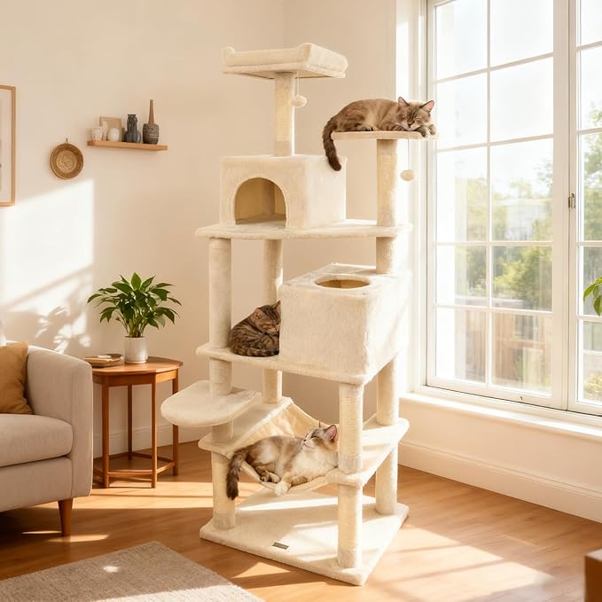 PETSITE Multi-Level Cat Tree, 75 Inches Tall with Sisal Scratching Posts, 2 Condos, Hammock, Dangling Balls, and Cozy Top Perch, Ideal for Indoor Cats to Play and Rest (Beige)