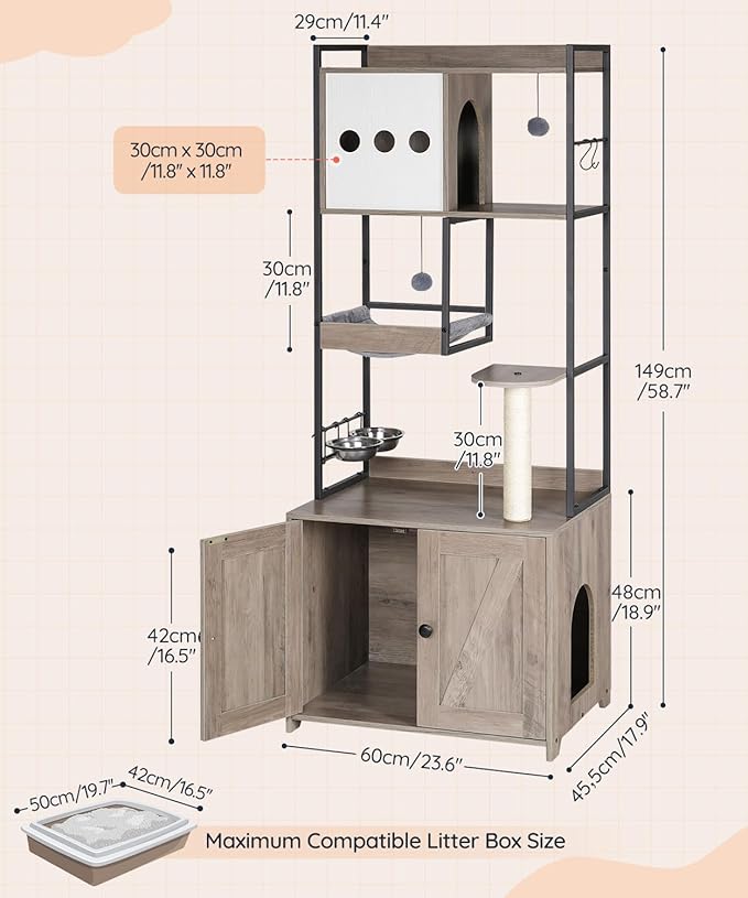 HOOBRO Cat Tree with Litter Box Enclosure, 58.7" H Cat Tower with Hidden Litter Box Furniture, with Scratching Post, Step, Hammock, Multifunctional Pet Furniture with Food Bowls, Greige BG30MZ03G1