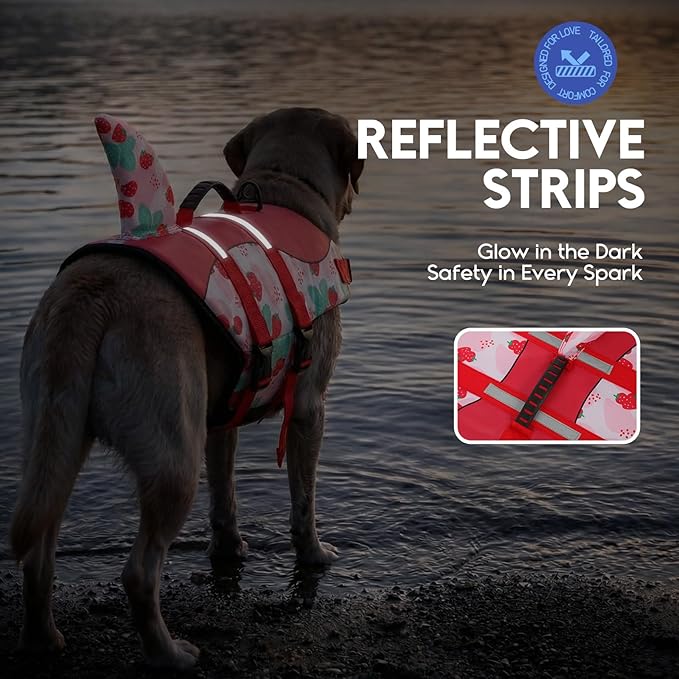 ASENKU Dog Life Jacket - Pet Safety Vest for Swimming & Boating, Shark Life Jacket with Floatation, Dog Lifesavers Swimsuits for Small Medium Large Dogs (Strawberry, M)