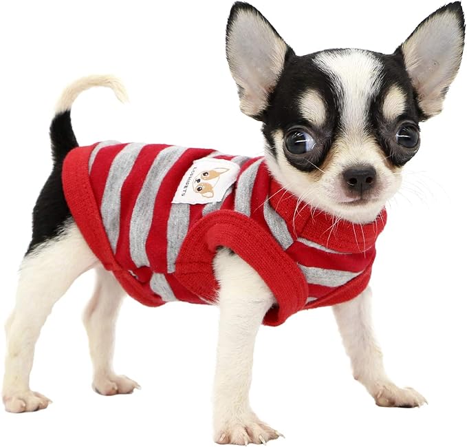 LOPHIPETS 100% Cotton Striped Dog Shirts for Small Dogs Chihuahua Puppy Clothes Tank Vest-Red and Gray Strips/XXS