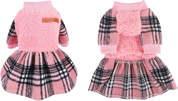Dog Sweater Dog Winter Clothes for Small Dogs Boy Girl Fall Puppy Dress Warm Fleece Chihuahua Yorkie Teacup Doggie Sweaters Dresses Doggy Sweater for Small Dogs Girl Cat Outfits, Pink Plaid, XS