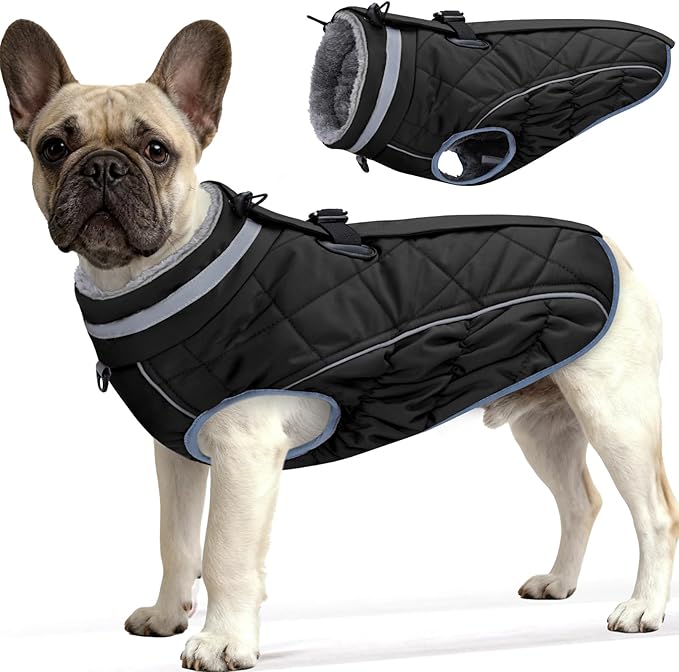 Dog Coat, Warm Dog Winter Coat for Small Dogs, Waterproof Jacket with Harness Built in, Reflective Turtleneck Cold Weather Coats with Zipper,Pet Fleece Vest Snow Jacket, Black S