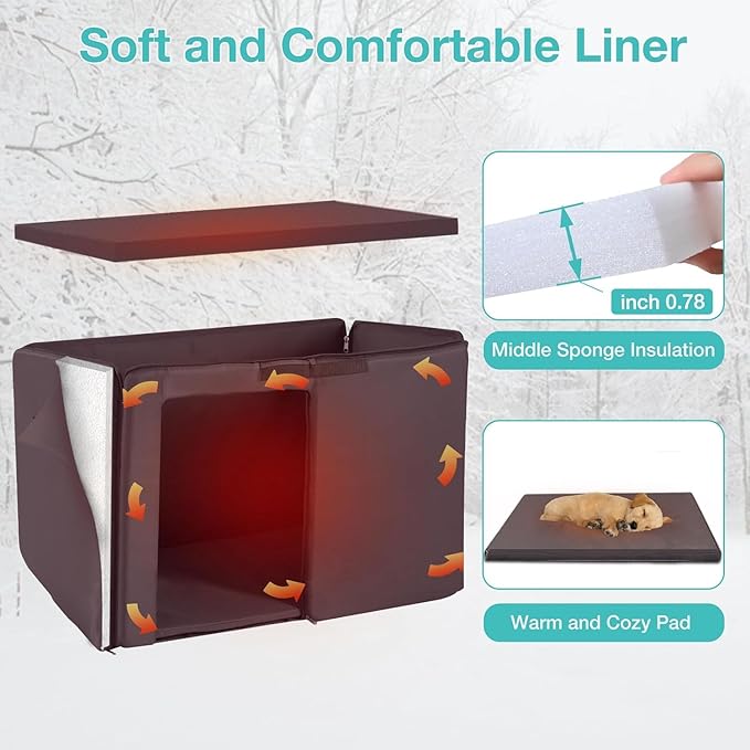 Aivituvin Dog House with Insulated Liner, Heated Outdoor Indoor Weatherproof Dog House for Winter, Suitable for Small & Medium & Large Dogs with Unique All-Around Iron Frame(Grey)