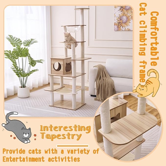 76-Inch Multi-Pure Wood-Level Cat Tree Tower with Condo, 16 Soft Plush Scratching Post,2 Space Capsule, with Cat Hammock,5-Story Perching Platform,Cat Tree for Large Cats.（1115）