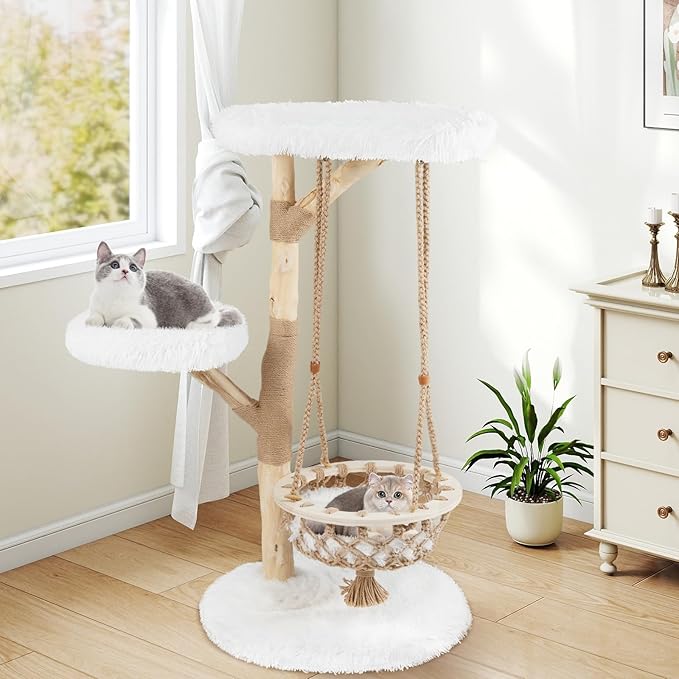 Tangkula Solid Wood Cat Tree, 48.5” Natural Branch Modern Cat Tower with Luxury Hanging Cradle, Jute Scratching Post, Top Perch, Padded Platform, Soft Long Plush, Boho Cat Tree for Indoor Kittens