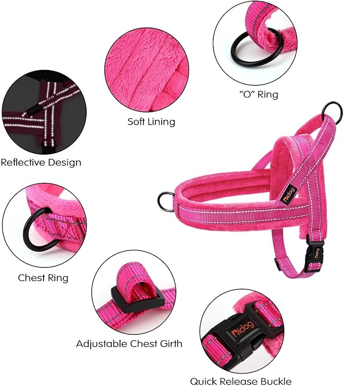 Didog Soft Flannel Padded Dog Vest Harness, No Pull/Quick Fit Reflective Dog Strap Harness, Easy for Training Walking (M:Chest 22-26", Hot Pink)