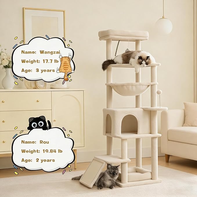 Cat Tree, 66 Inches Modern Cat Tower for Indoor Cats, Multi-Level Tall Cat Tree for Large Cats with Sisal-Covered Scratching Posts, Padded Platform, Hammock, and Condo, Beige