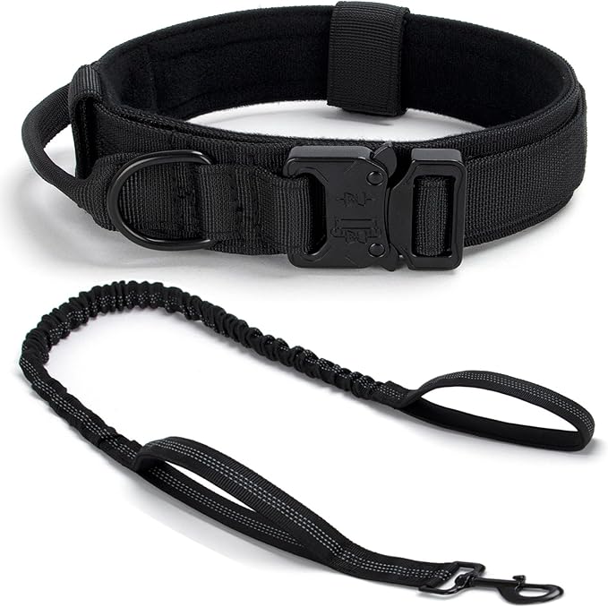 Tactical Dog Collar Set, Adjustable Military Training Nylon Dog Collar with Control Handle and Heavy Quick-Release Metal Buckle for Small Medium Large Dogs, Black Set L