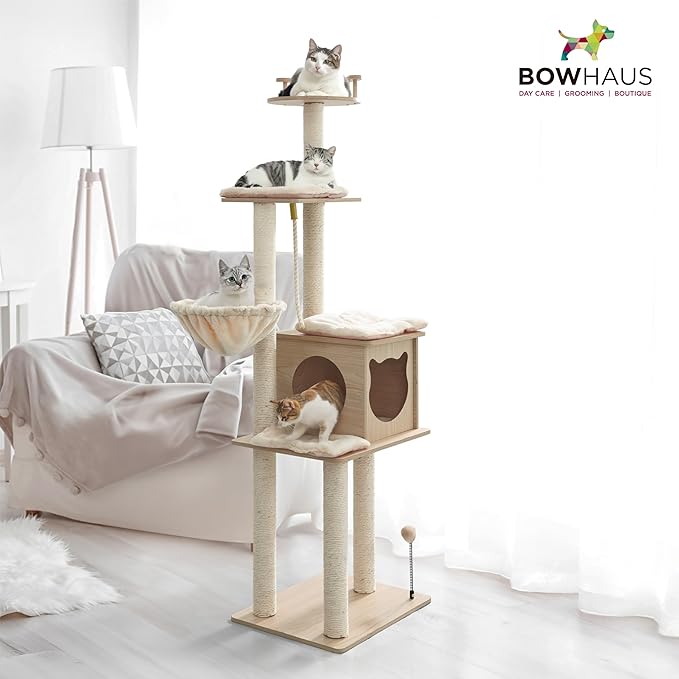64” Wooden Cat Tree Tower for Indoor Large Cats & Kittens, Modern Tall Cat Climbing Tree w/Cave Condo, Scratching Posts, Hammock, Multi-Level Cat Tower w/Interactive Toy & Detachable Cushion