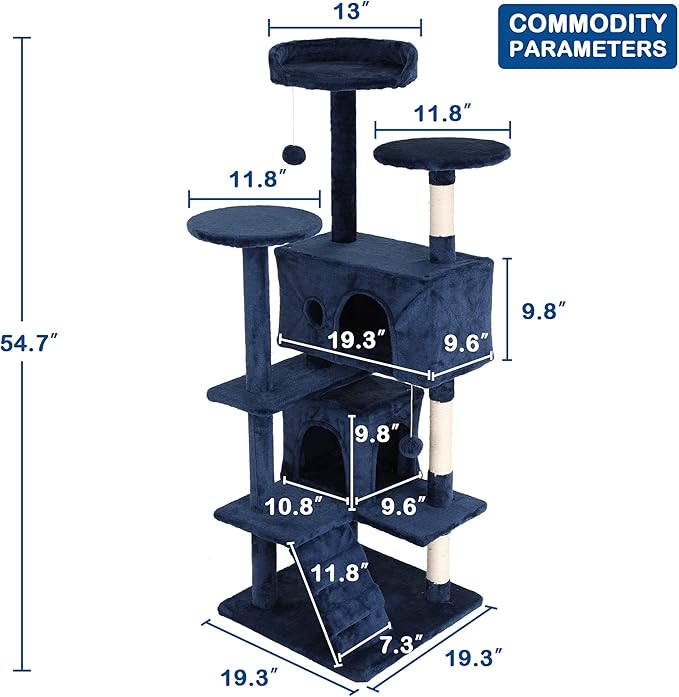 Heavy Duty Cat Tree,54 Inch Tall Cat Tower,2 Cozy Condos,Scratching Posts,Ladders & Sisal Pole,Multi-Level Perches Platforms for Indoor Cats,Sturdy Pet Climbing Furniture,Blue
